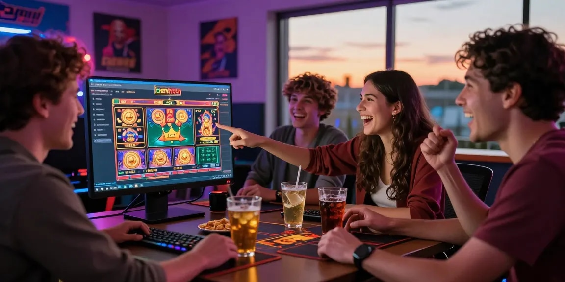 Excited friends exploring the benihtoto daftar platform in a vibrant gaming atmosphere