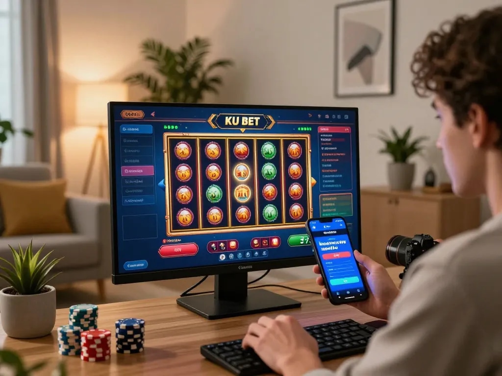 Player winning on ku bet mobile app in a modern living room during a vibrant online gaming session.