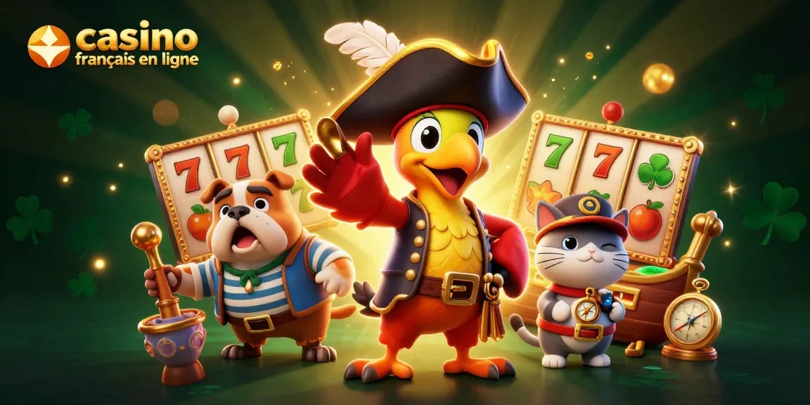 Illustration dynamique de casino français en ligne montrant un pirate, un bulldog, et un chat avec des éléments de machines à sous.