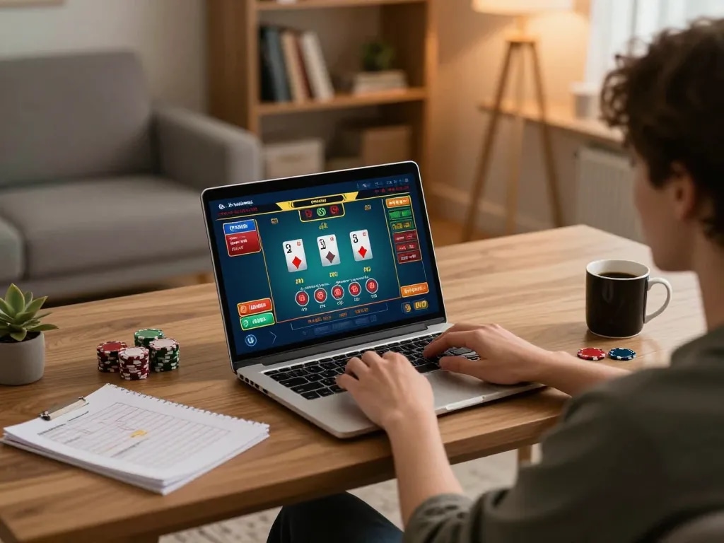 Engaging in online poker betting at 99win from a cozy home office, showcasing vibrant game interface and strategy