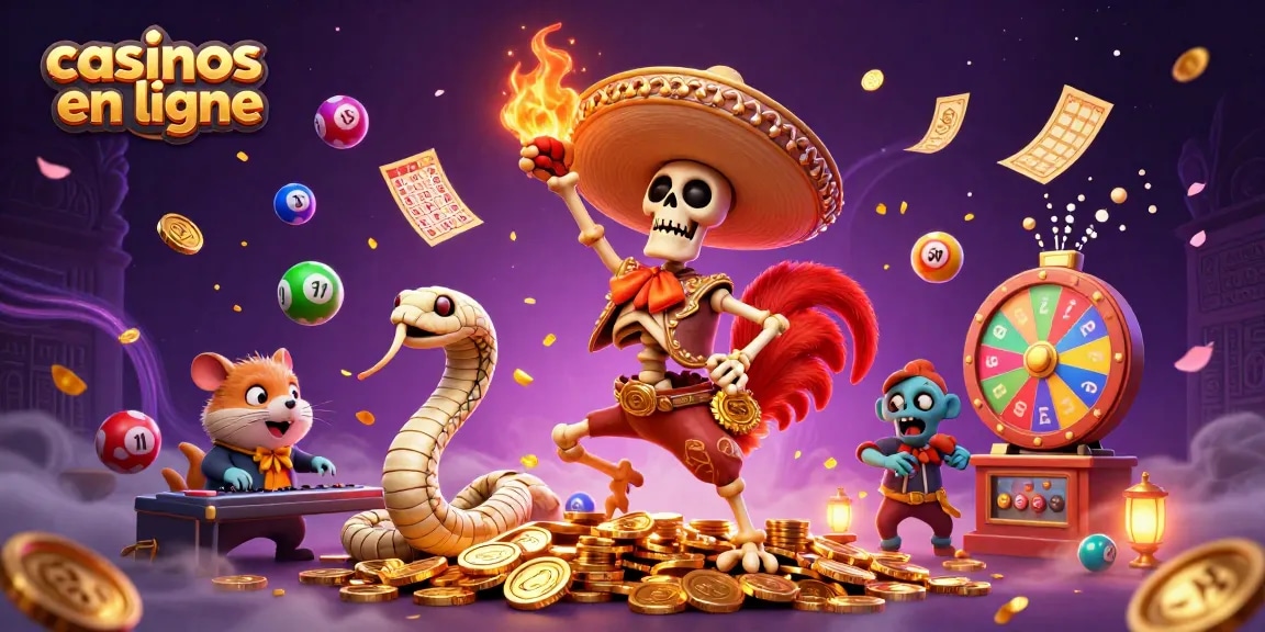 Casinos en ligne : animation festive avec un rooster mariachi et des éléments de loterie colorés.