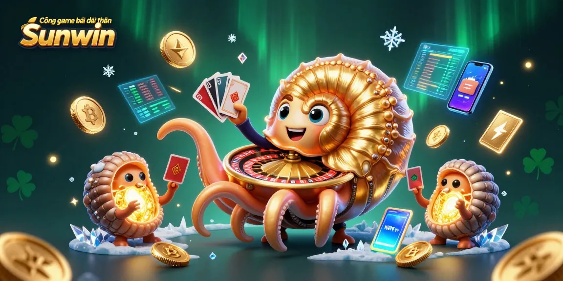 Cổng game bài đổi thưởng Sunwin showcases a vibrant 3D scene with a giant nautilus roulette wheel, embodying the excitement of online gambling.