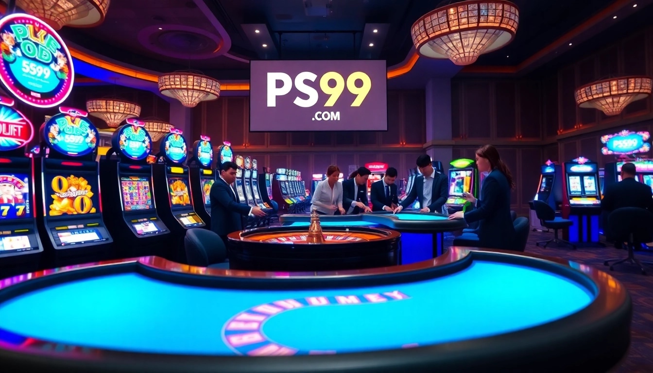 Exciting gaming action at PS99 COM with vibrant slot machines and dynamic roulette tables.