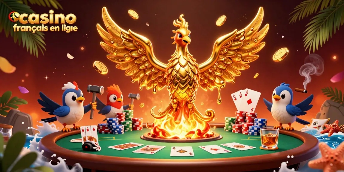 Jouez au casino français en ligne avec un phoenix doré émergeant et des jetons de poker riches en couleurs.