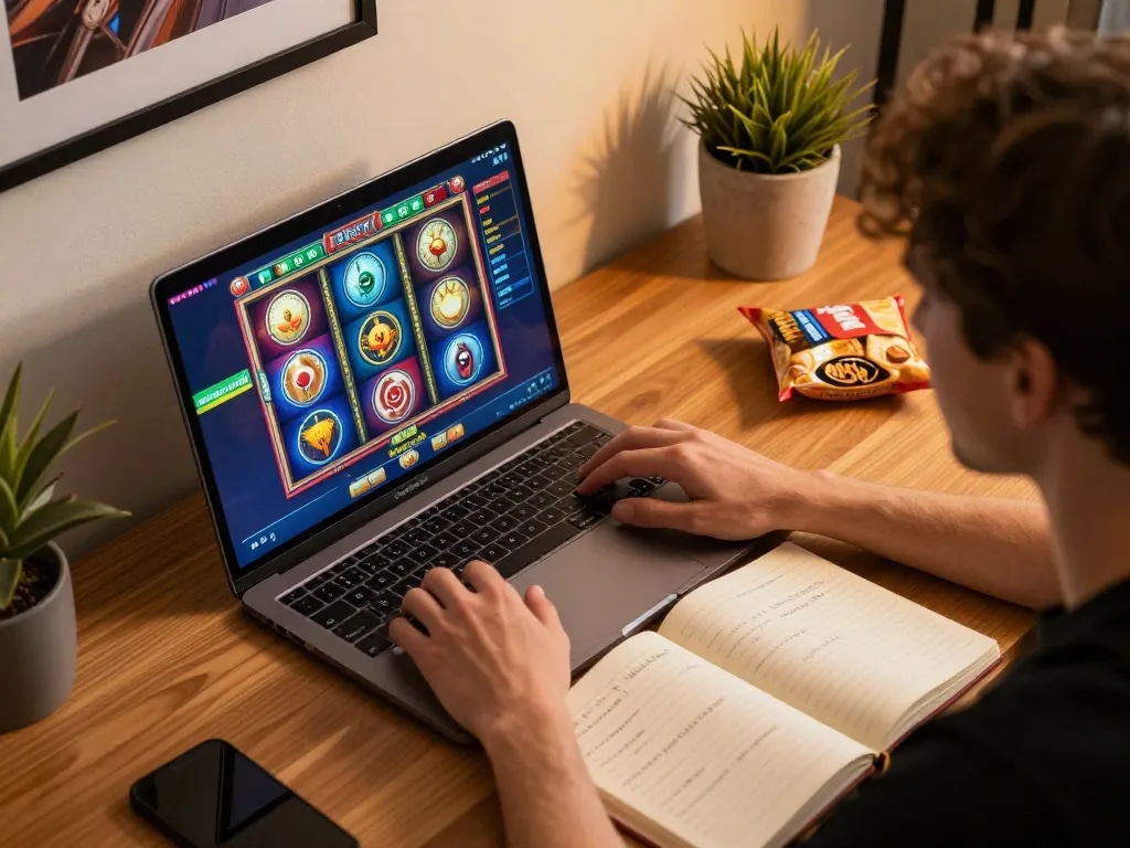 Engaging in alexis77 slot gameplay on a laptop, cozy gaming setup with strategic notes.