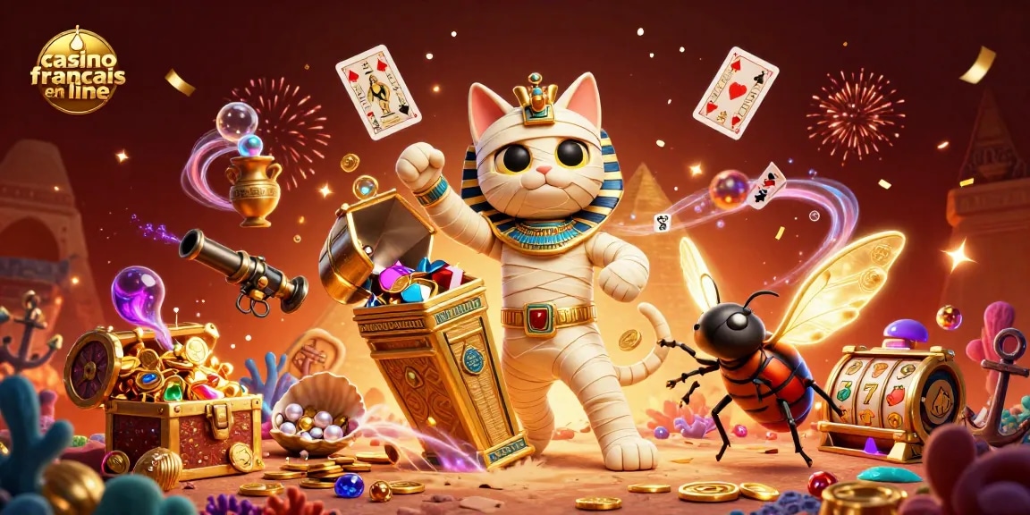Une illustration 3D représentant un casino français en ligne avec un chat momie égyptien, une scarabée dorée, et des cartes à jouer flottantes.