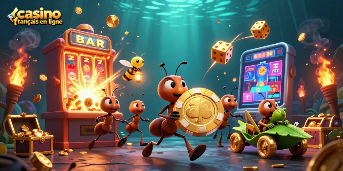 Les fourmis transportent des jetons de poker dans une scène de casino français en ligne riche et dynamique.