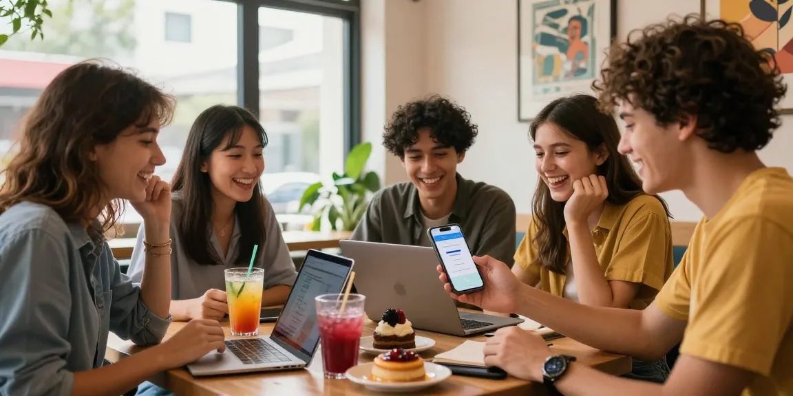 Group of friends enjoying the smash or pass ai app in a trendy coffee shop