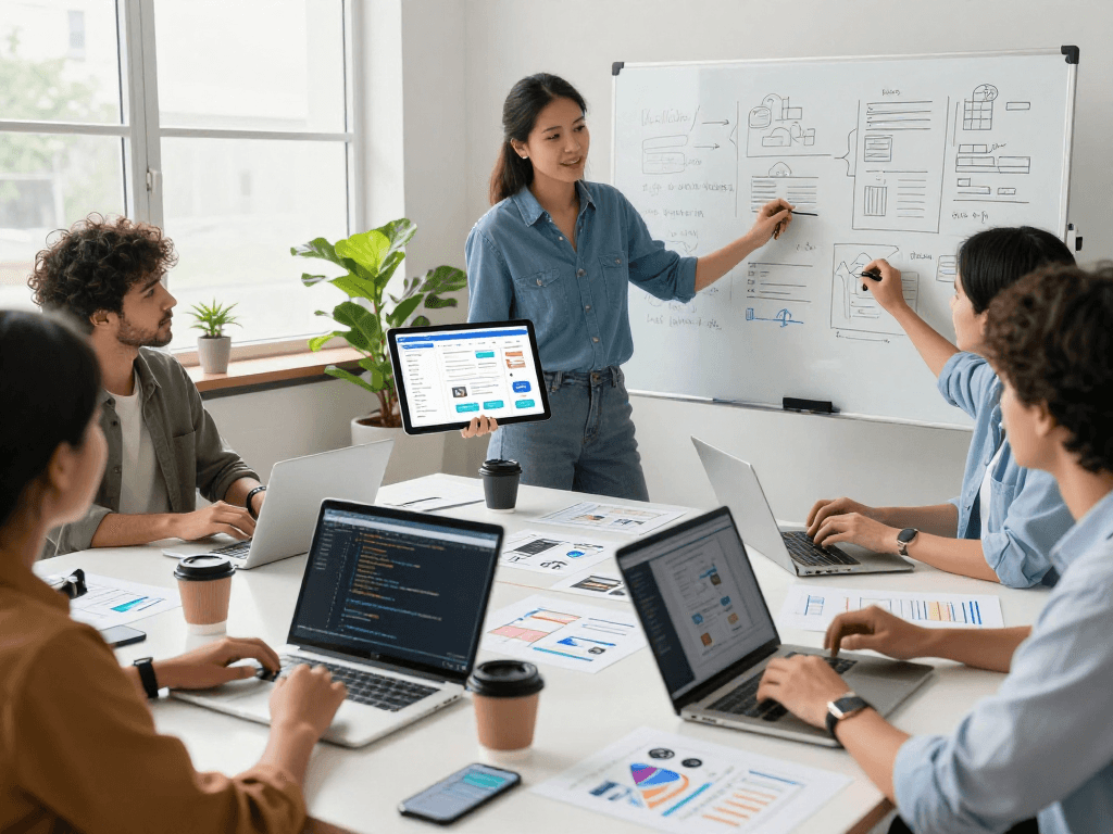 Buy android installs through an energetic app development team collaborating in a bright workspace.