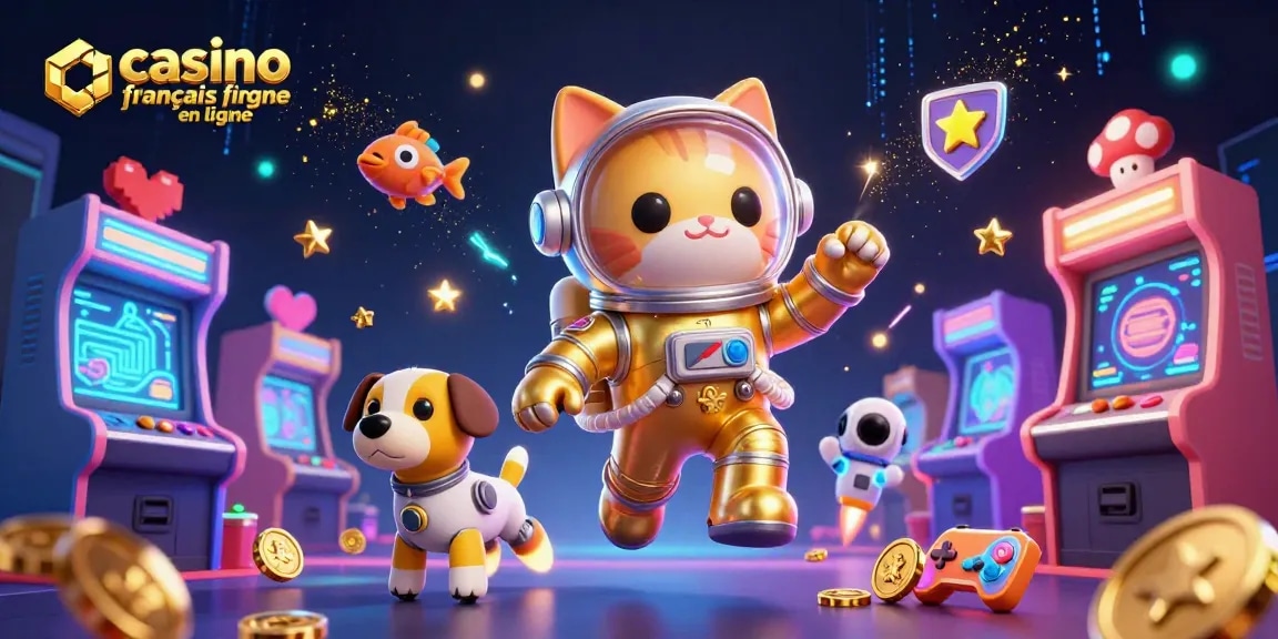 Jouer sur casino francais en ligne avec un chat astronaute, un chien robot et des jeux colorés.