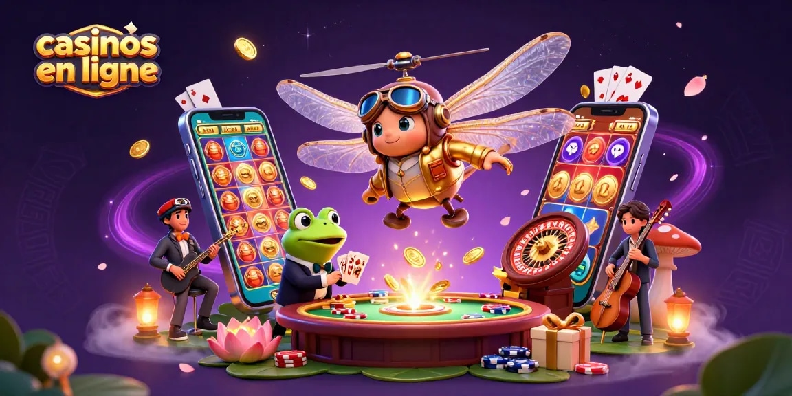 Illustration dynamique de casinos en ligne, avec un pilote insecte, croupier, et musiciens.