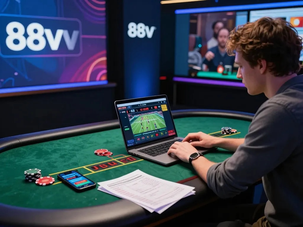 Engaged player exploring 88vv online gaming options on laptop at cozy desk.