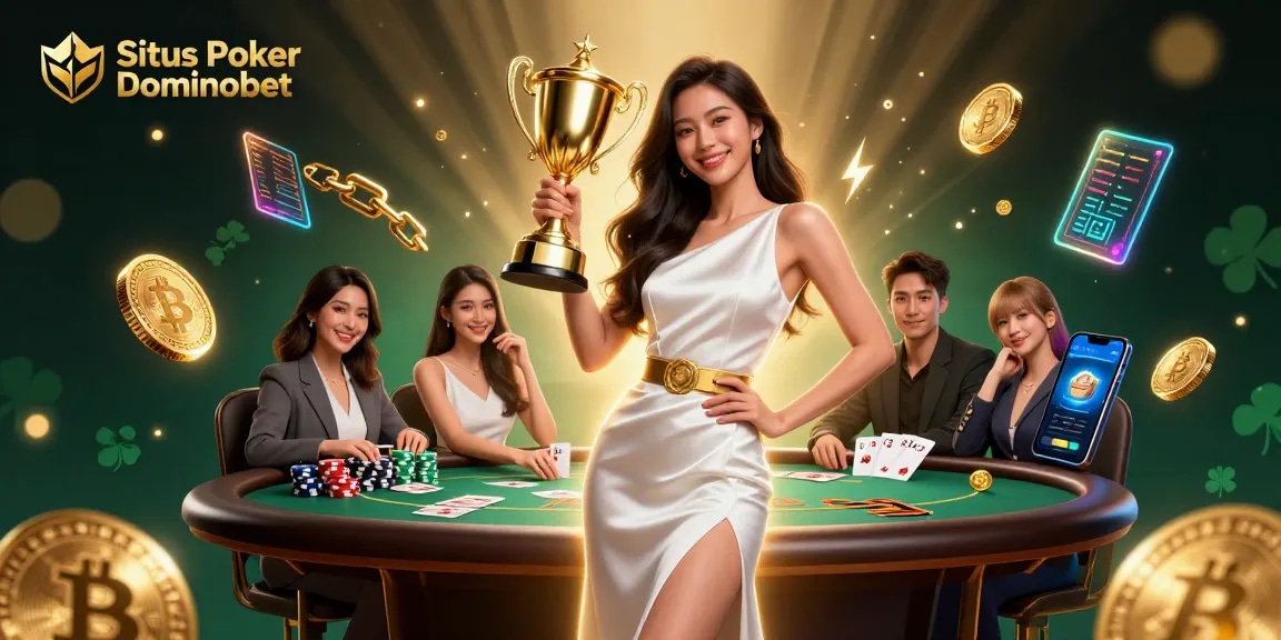 Situs Poker Dominobet showcases a triumphant Asian woman with a trophy amidst engaging poker elements, celebrating victory.