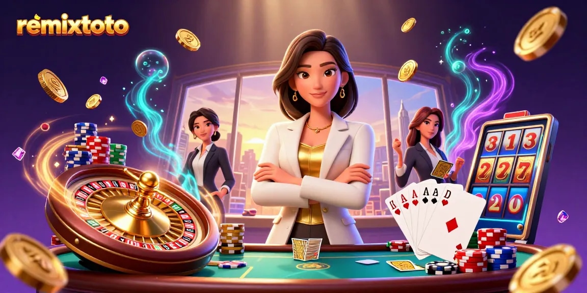 Experience excitement with remixtoto, showcasing a powerful Asian businesswoman in an elegant casino scene.