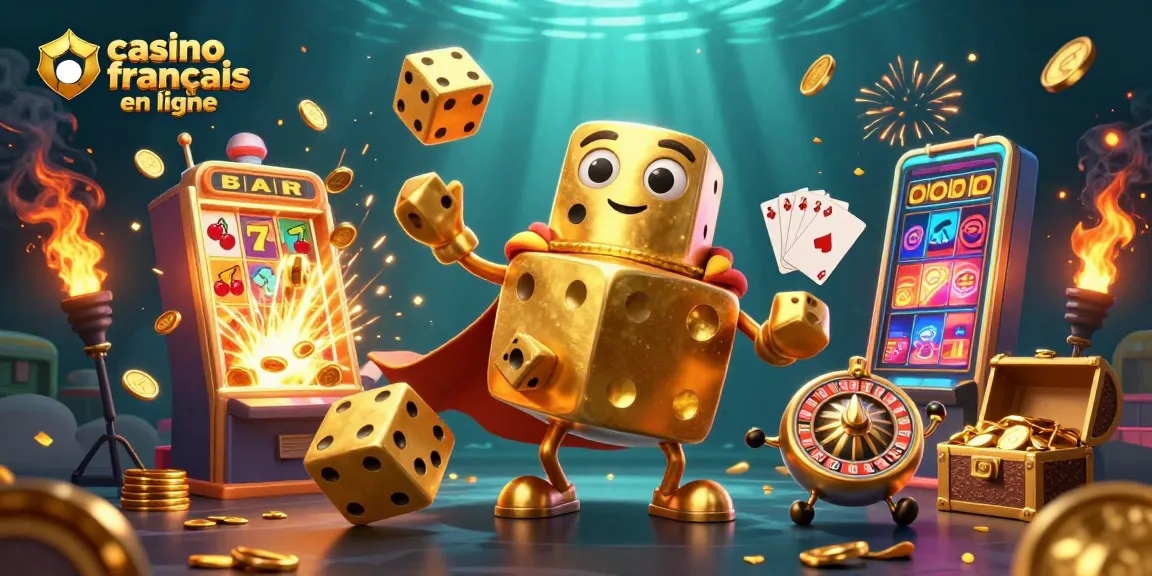 Jouez dans un casino français en ligne avec des dés dorés et un jackpot explosif de pièces d'or.