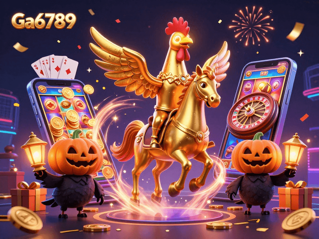 Spin to win with Ga6789's golden rooster and gaming action in a vibrant casino scene.