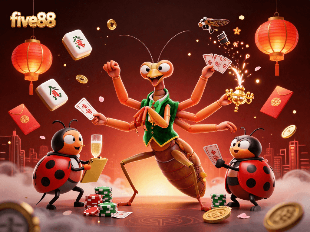 five88 highlights an animated casino scene with a mantis card sharp and ladybug pit boss