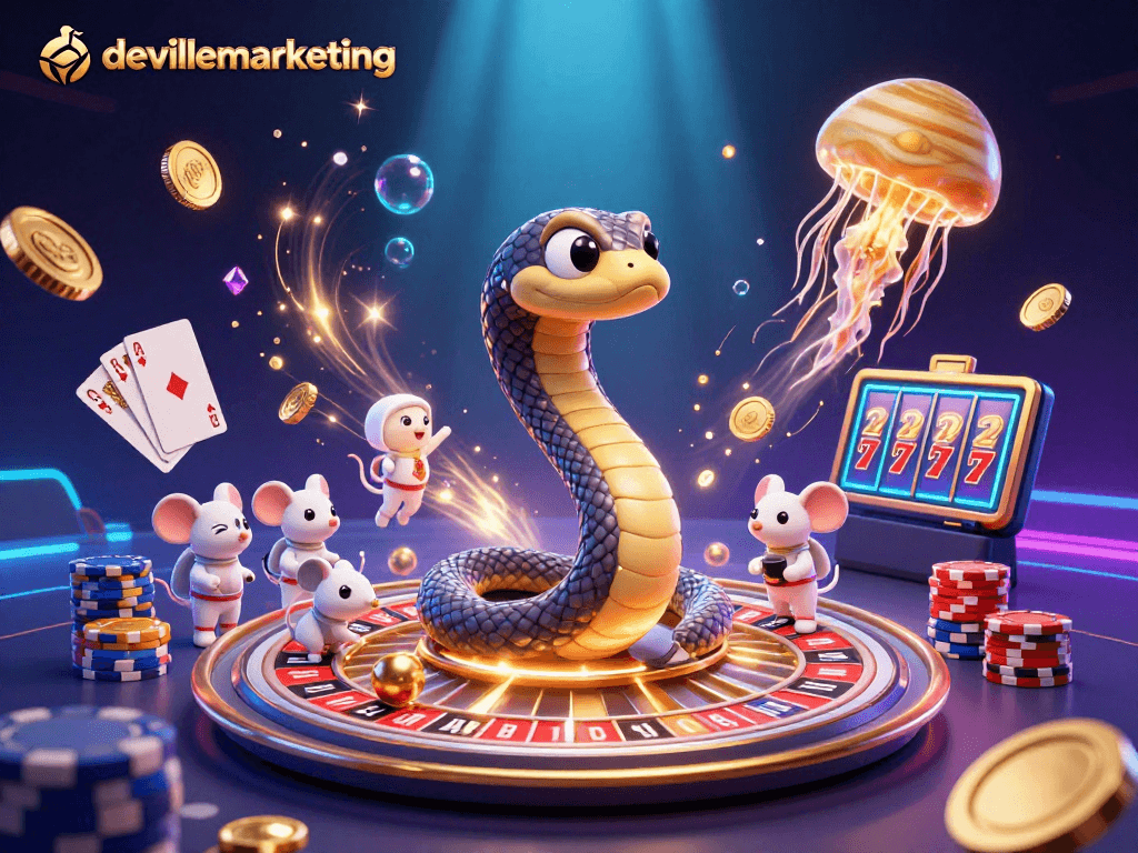 Nikmati keseruan taruhan di devillemarketing dengan ilustrasi 3D kreatif dan gemerlap permainan.