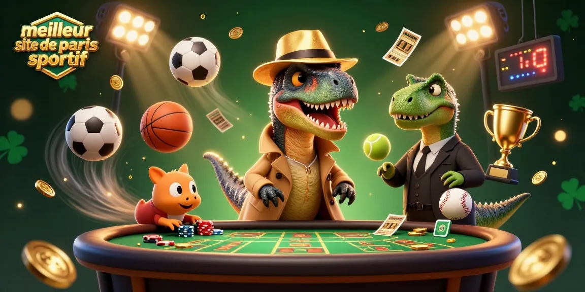 Visualisez le meilleur site de paris sportif avec un velociraptor astucieux à la table de paris entouré d'éléments sportifs dynamiques.