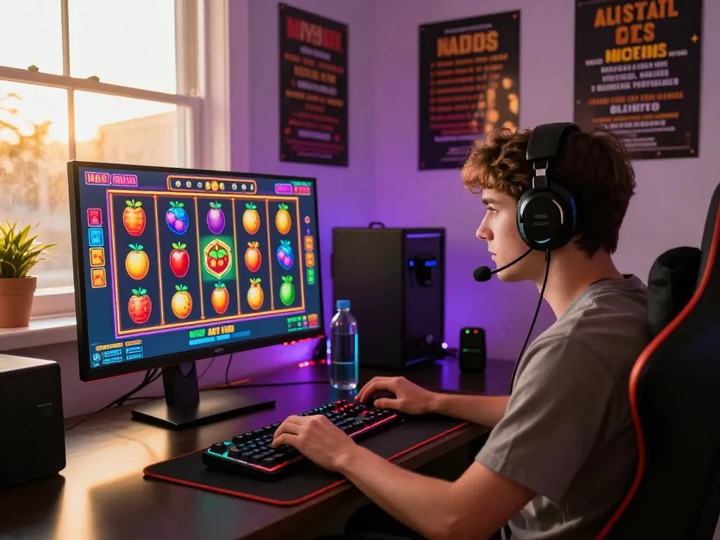 Pemain menikmati permainan slot yang mendebarkan di virus88, dikelilingi oleh grafik yang cerah dan peralatan permainan dalam pengaturan yang nyaman.