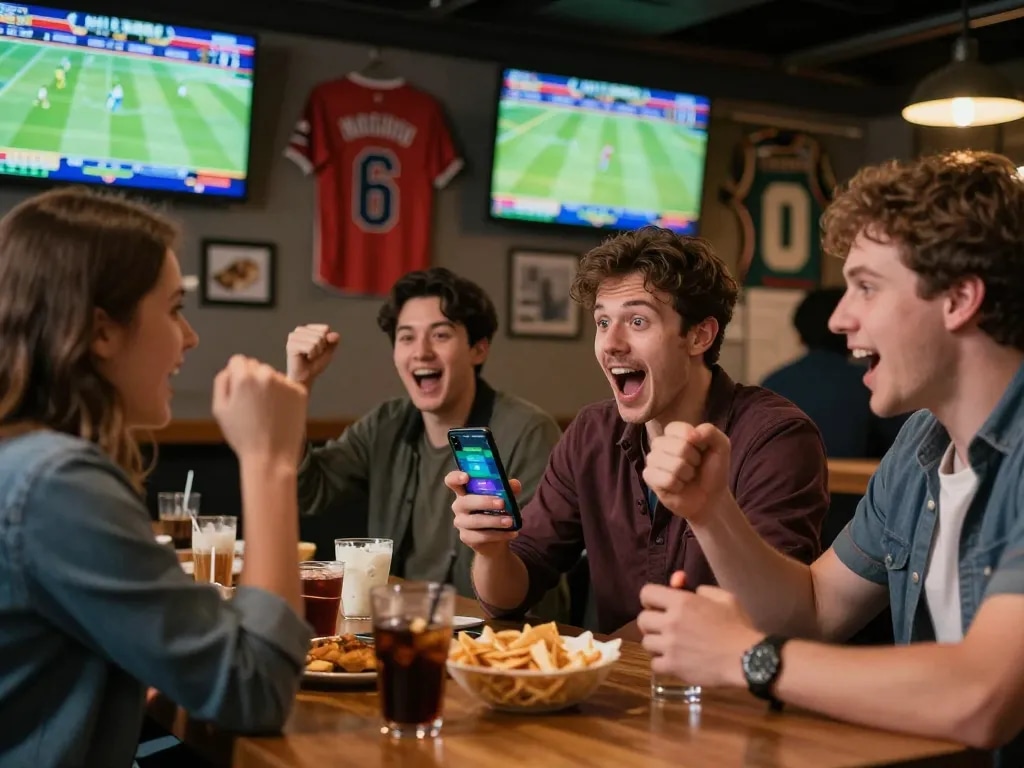 Friends enjoying live sports betting at RR88 SELECT while celebrating a winning moment.