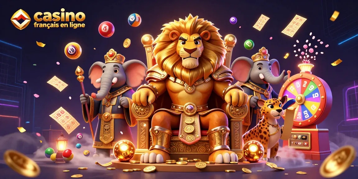 Ajoutez du plaisir aux jeux de casino français en ligne avec un lion roi sur son trône entouré de loteries colorées.