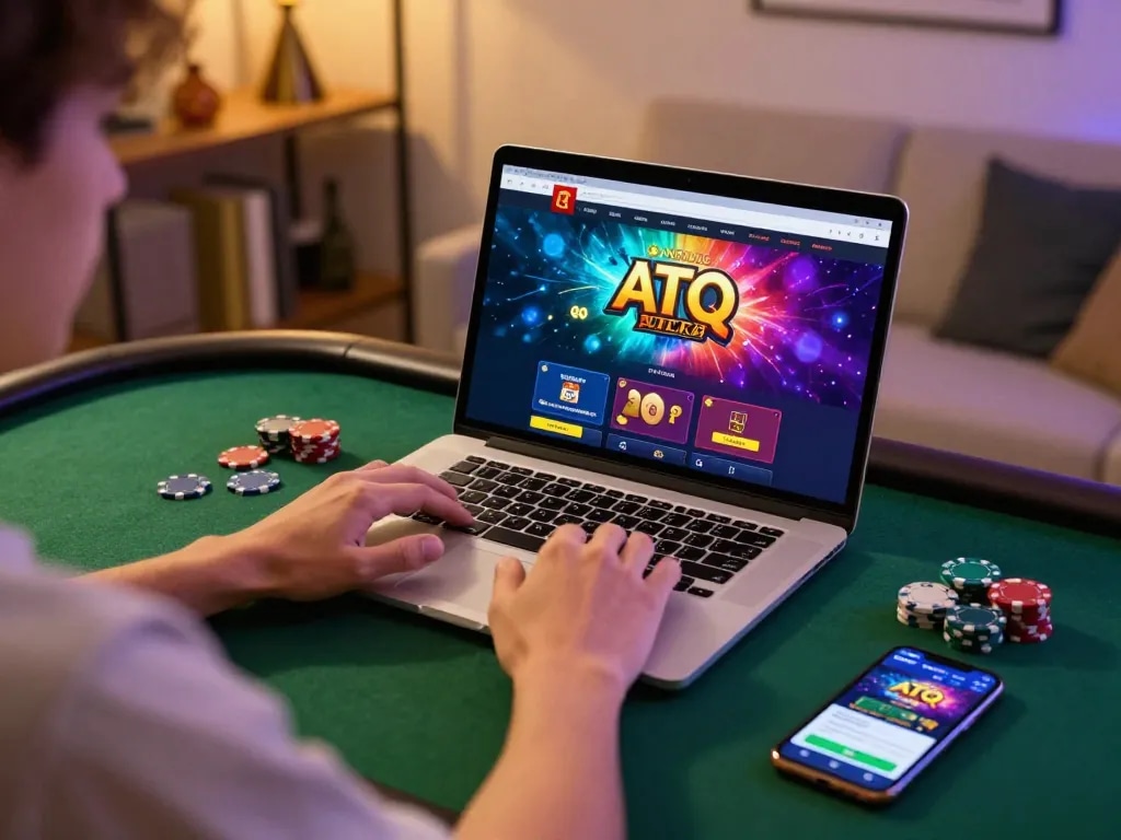 Player engaging with ATQ online casino on a laptop, surrounded by gaming events and cozy ambiance.