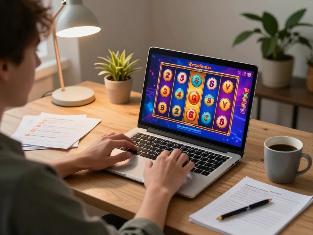 Engaging online gaming session featuring slot-gacor2026 on a stylish laptop in a cozy home office.