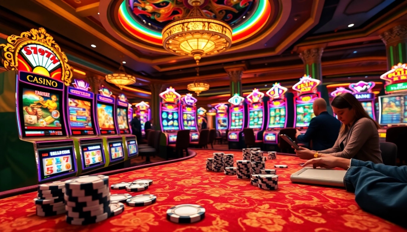 Players enjoying the exciting Onicplay online slot machines, surrounded by vibrant casino elements.