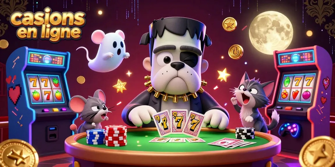Jouez à des casinos en ligne avec un bulldog monstre et des machines à sous colorées.