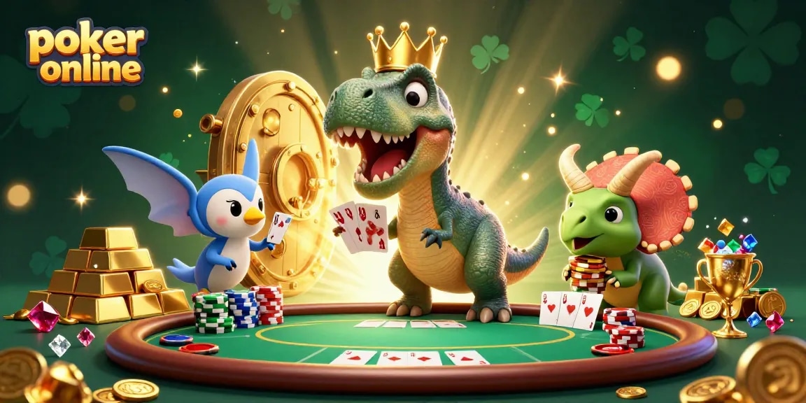 Jouez au poker en ligne avec des personnages amusants, un T-Rex et un Tricératops, entourés d'éléments de jeu captivants.