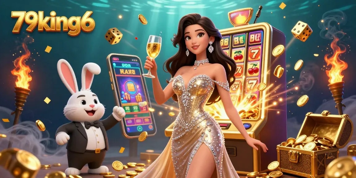 Engage with 79king6's immersive jackpot experience alongside a glamorous character, rich in casino elements, celebrating big wins.
