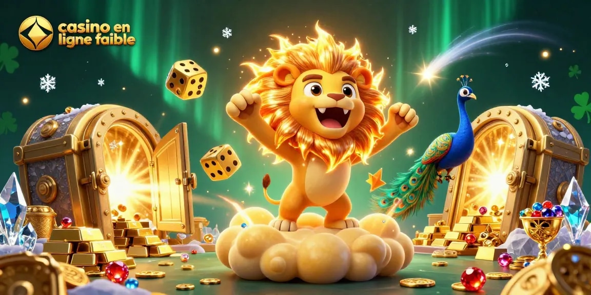 Découvrez notre illustration dynamique de casino en ligne fiable où un lion majestueux symbolise la victoire avec des éléments de trésor fascinants.