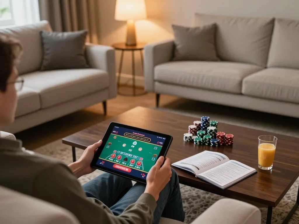 MM88 player engaged in online blackjack game from home, showcasing strategic gameplay and betting guide.