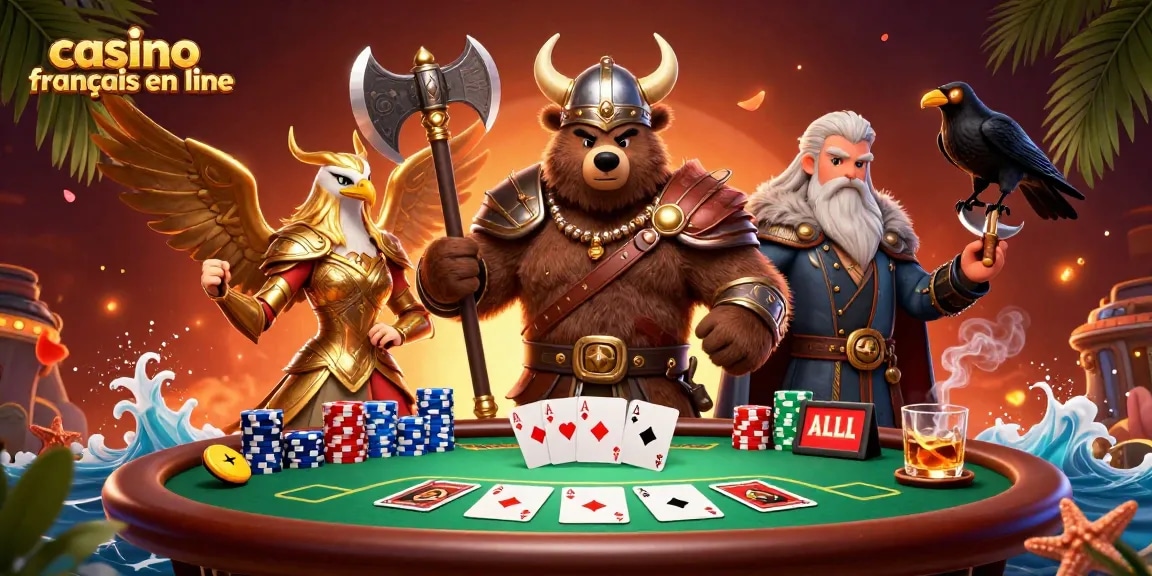 Jouer au casino français en ligne avec un ours viking et une aigle valkyrie au milieu d'une scène dynamique.