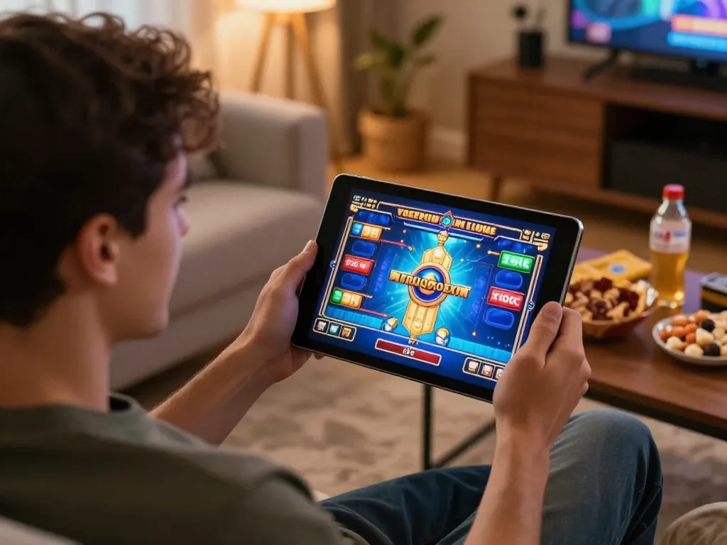 Engaging player spins virtual slot machine at home, enjoying thrilling game experience with harga toto.