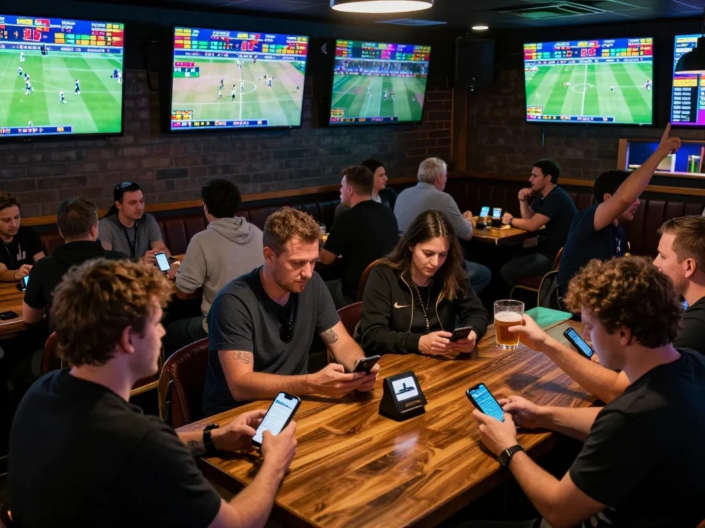 Excited sports fans engaging in live betting at Bet88, surrounded by multiple screens displaying odds and games.