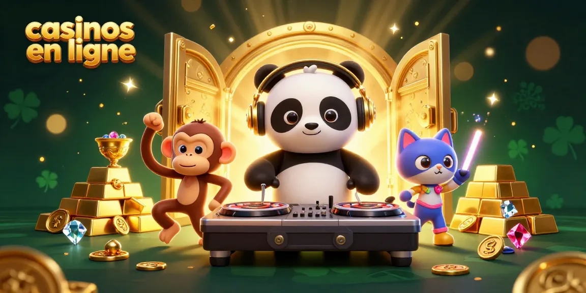 Visitez les casinos en ligne avec DJ panda et ses amis dans une scène animée pleine de trésors.
