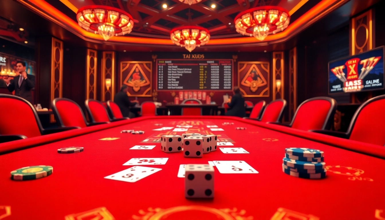 A thrilling gaming experience at https://taixiumd5.fan/ featuring Tài Xỉu MD5 with vibrant visuals of dice and poker chips.
