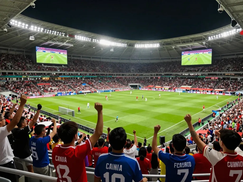 CakhiaTV soccer fans cheering wildly in a vibrant stadium during a thrilling live match.