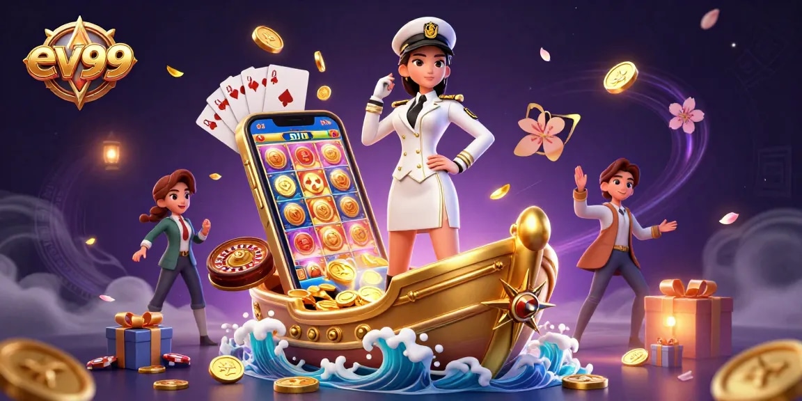ev99 spins luck with an elegant Asian dealer in a vibrant casino setting full of games.