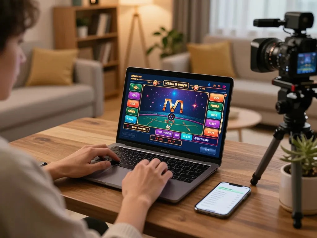 Player engaging with live dealer games on MM99 online casino while tracking bankroll in comfortable home setting.