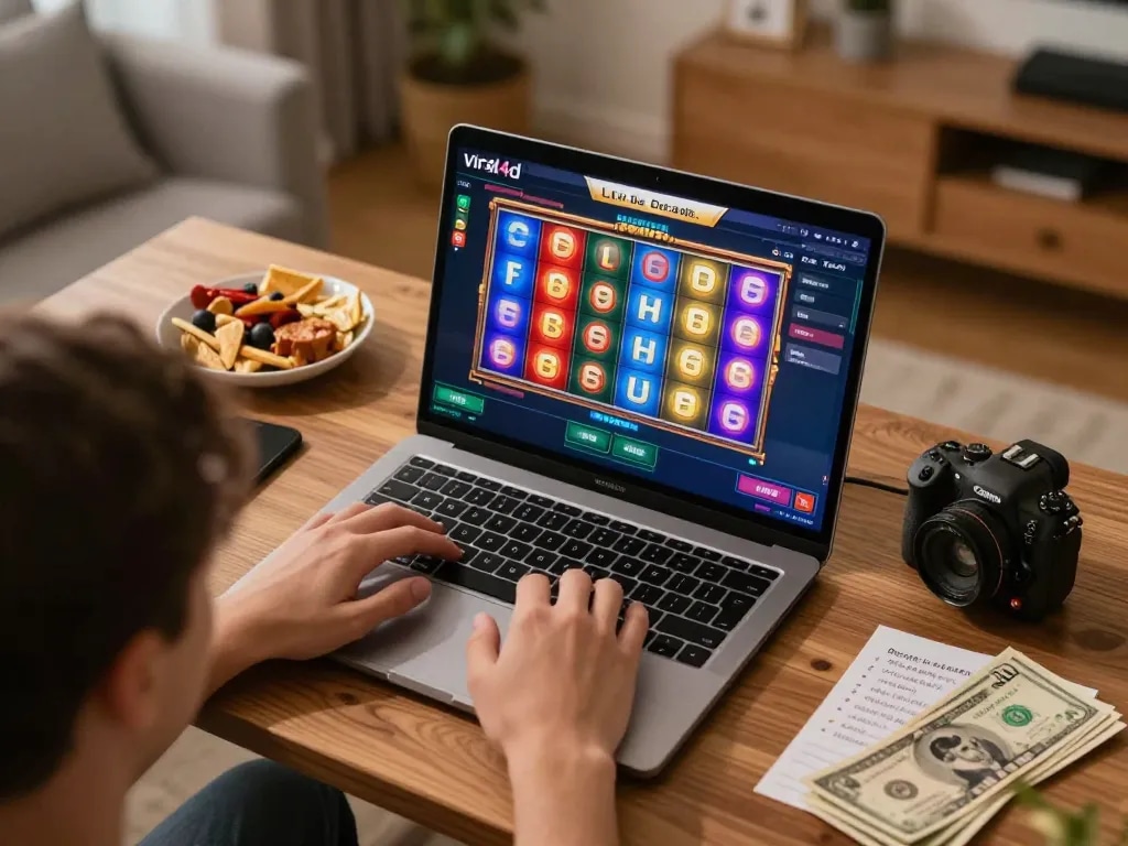 Engaged player enjoying viral4d online slot game in a cozy home setting, showcasing exciting gameplay.