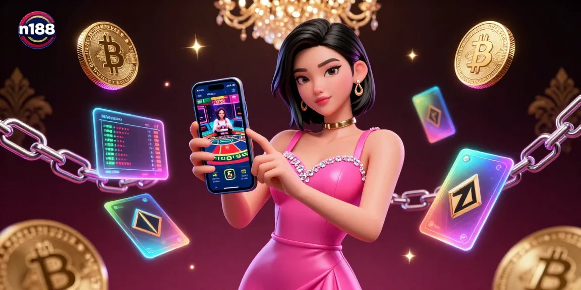 N188 live casino experience showcasing a stylish Asian woman engaging with a smartphone, vibrant holographic elements surrounding her.