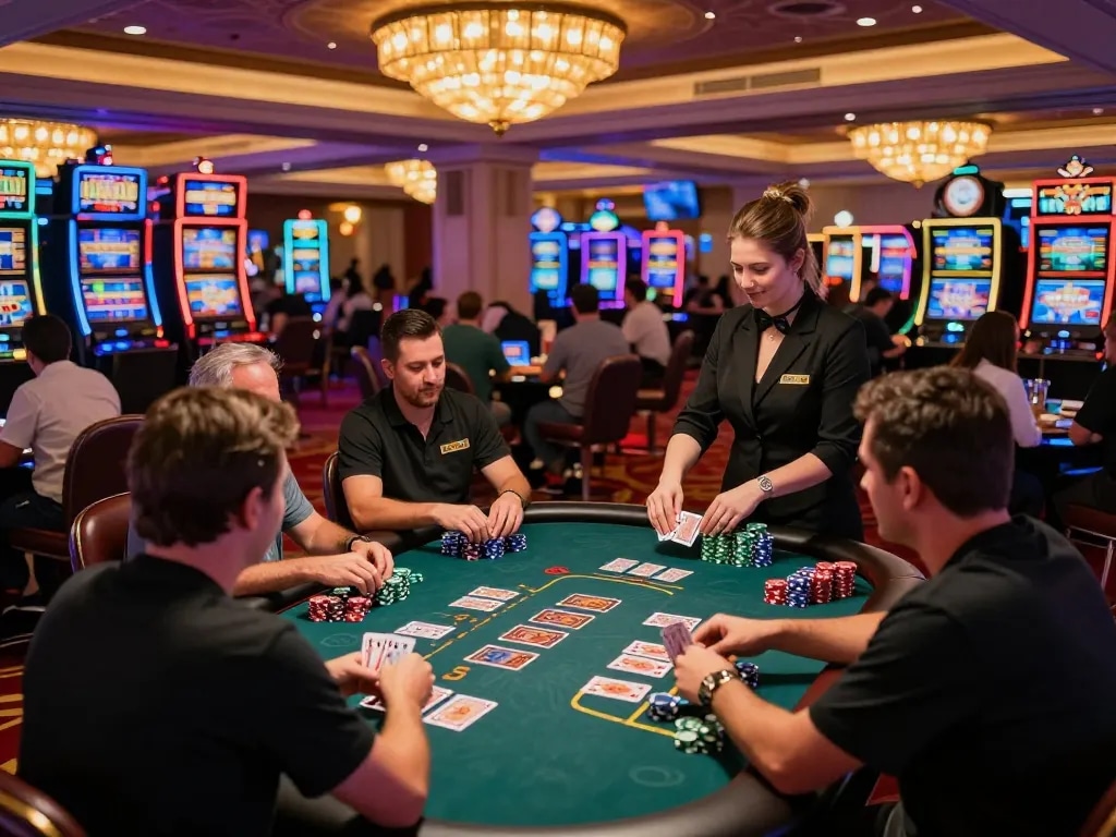 Engaging blackjack gameplay highlighting FC88 strategies with focused players and vibrant casino atmosphere.