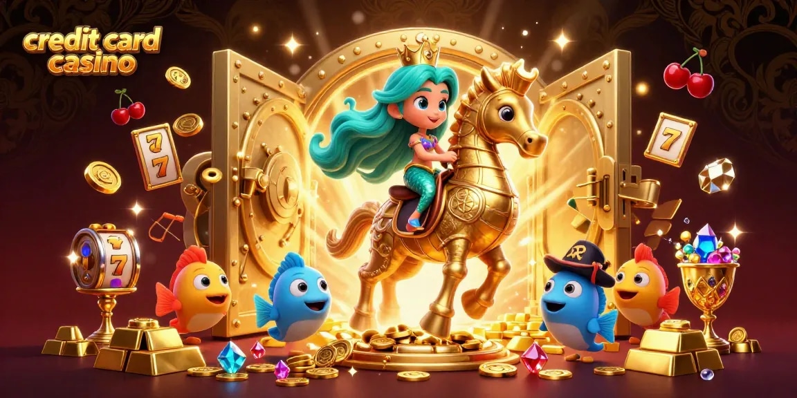 Experience the vibrant action of a credit card casino with a mesmerizing mermaid, golden treasures, and slot reels.