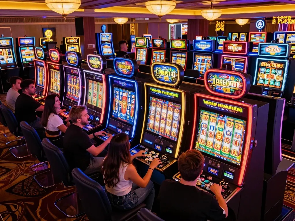 Players enjoying slot gacor machines in a lively casino atmosphere with spinning reels and colorful lights.