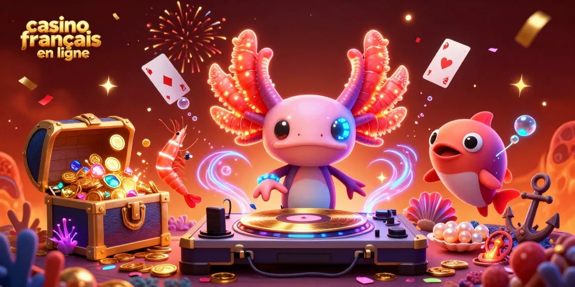 Vibrante illustration 3D représentant le casino français en ligne avec un axolotl DJ et une ambiance festive.