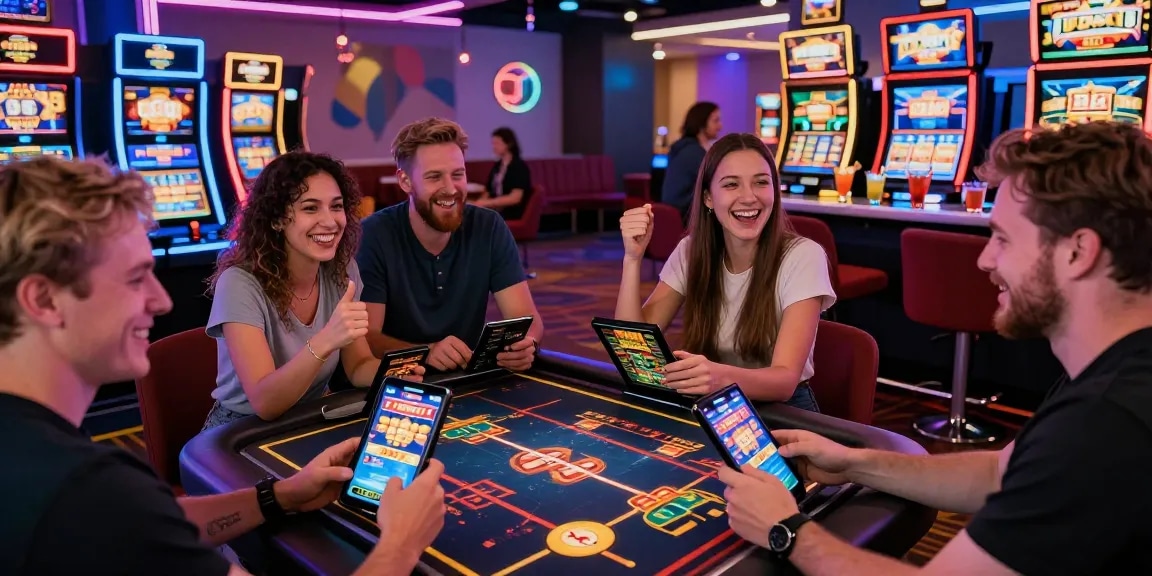 Engaged players at a non UK casino enjoying vibrant gaming atmosphere with modern devices and neon lights.