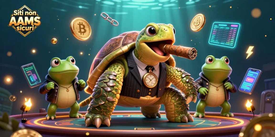I giocatori stanno esaminando i Siti non AAMS sicuri con una tartaruga gangster e rane, circondati da monete crypto